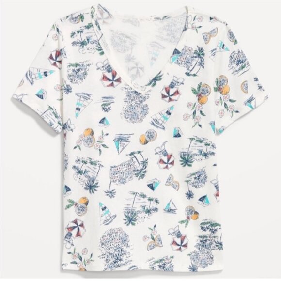 NWOT Old Navy Womens EveryWear V-Neck T-Shirt L Tropical Print 100% Cotton - Picture 3 of 4